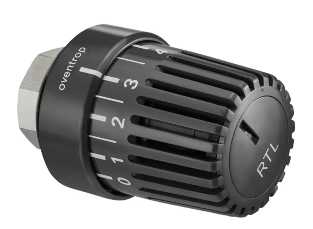 Oventrop-Thermostat mit schwarzen Lamellen, graduierter Skala von 0 bis 4 und Nullstellung, für Temperaturregelung in Heizsystemen geeignet.